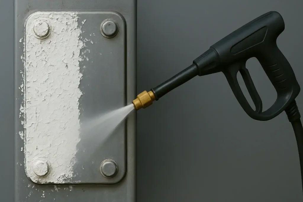 Close-up of paint being stripped off a metal object