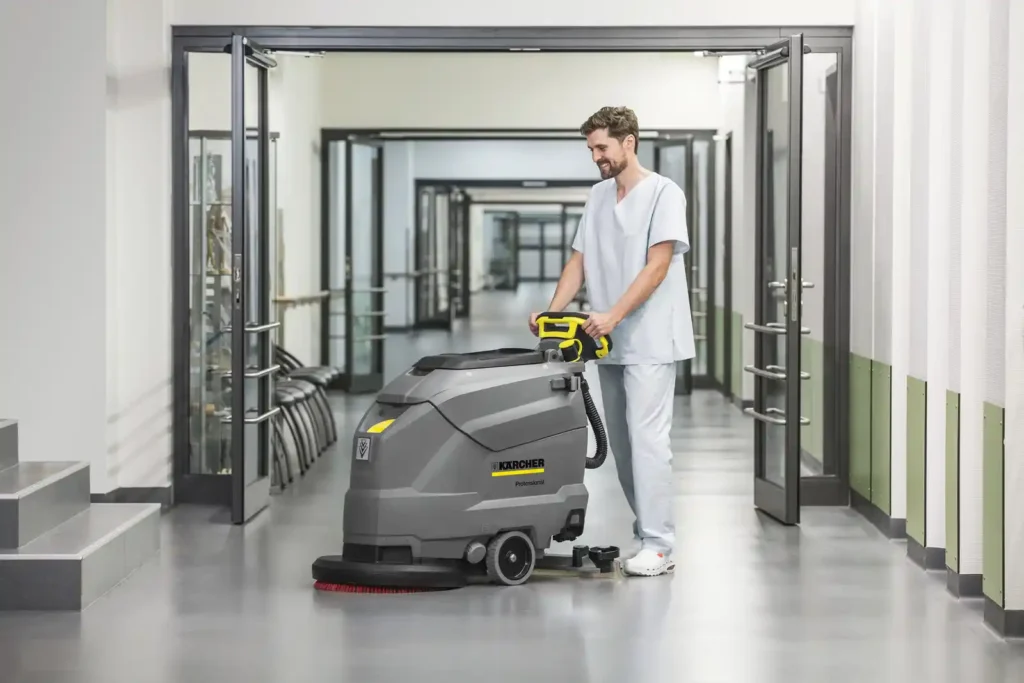 Different types of floor cleaning machines including automatic scrubbers, floor polishers, and vacuum sweepers