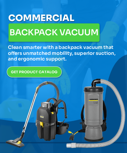 Commercial backpack vacuum banner featuring Kärcher backpack vacuum cleaners, cleaning wand, and hose on a blue background.