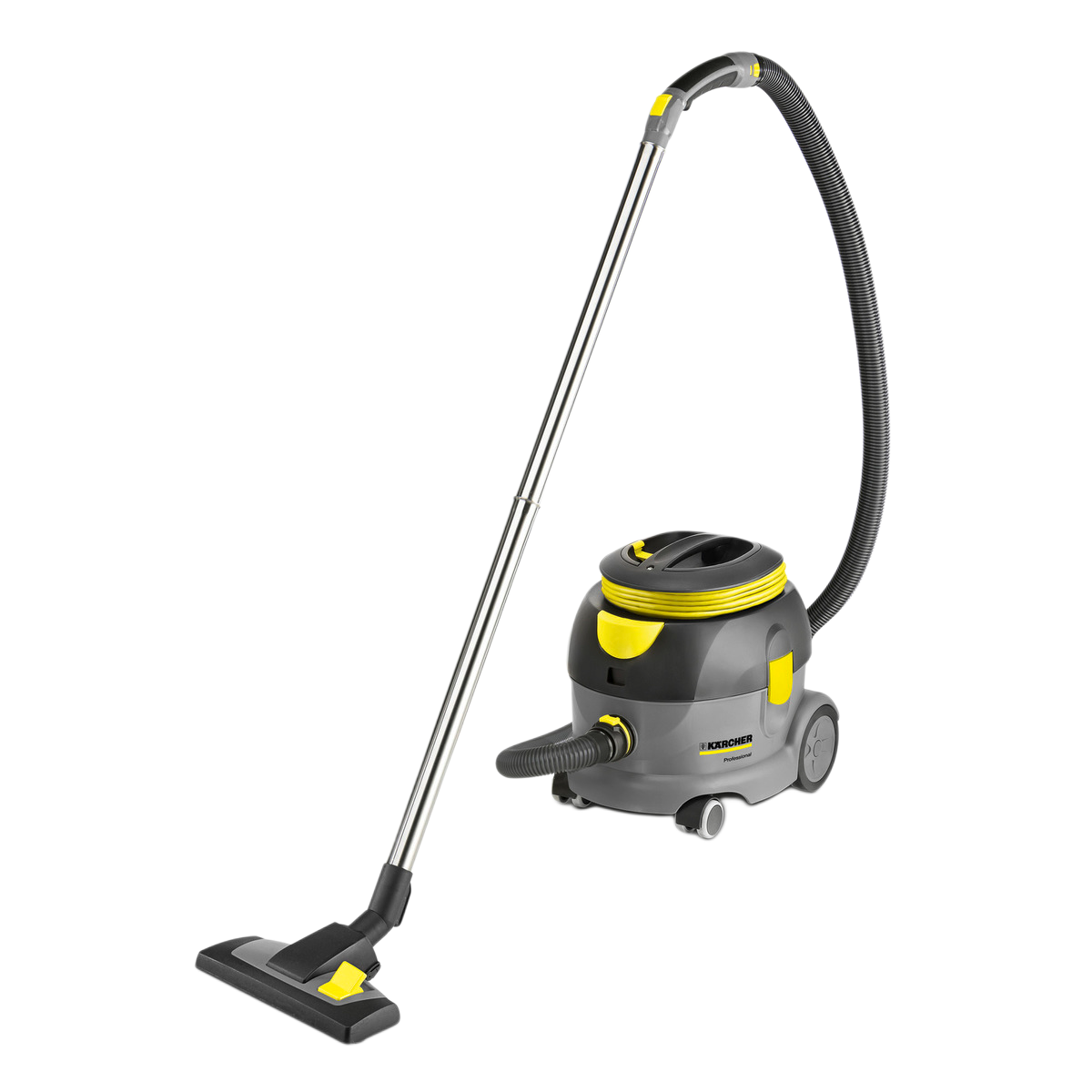 Canister vacuum body with attached hose and easy-roll wheels