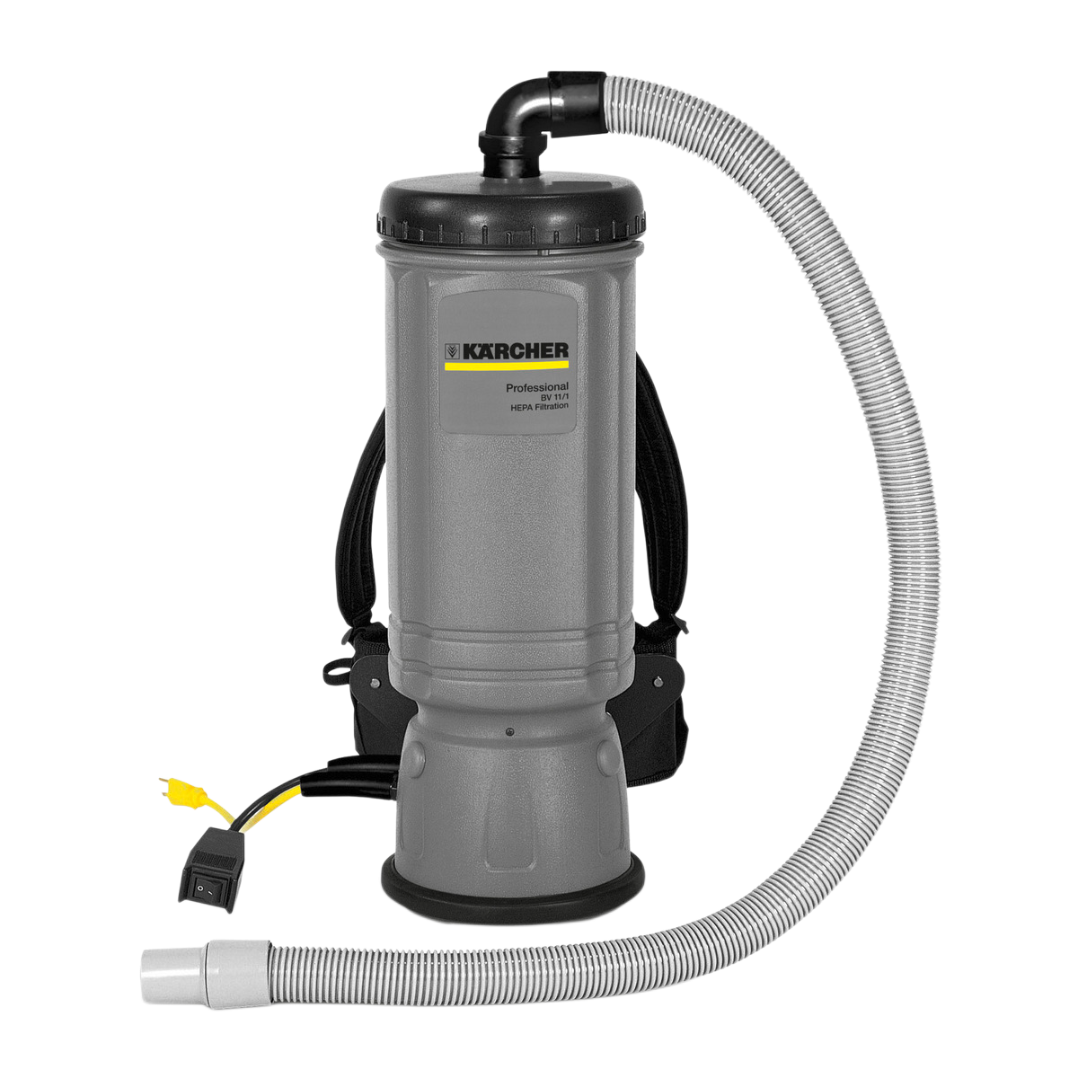 Kärcher professional HEPA backpack vacuum with hose attachment on a white background.
