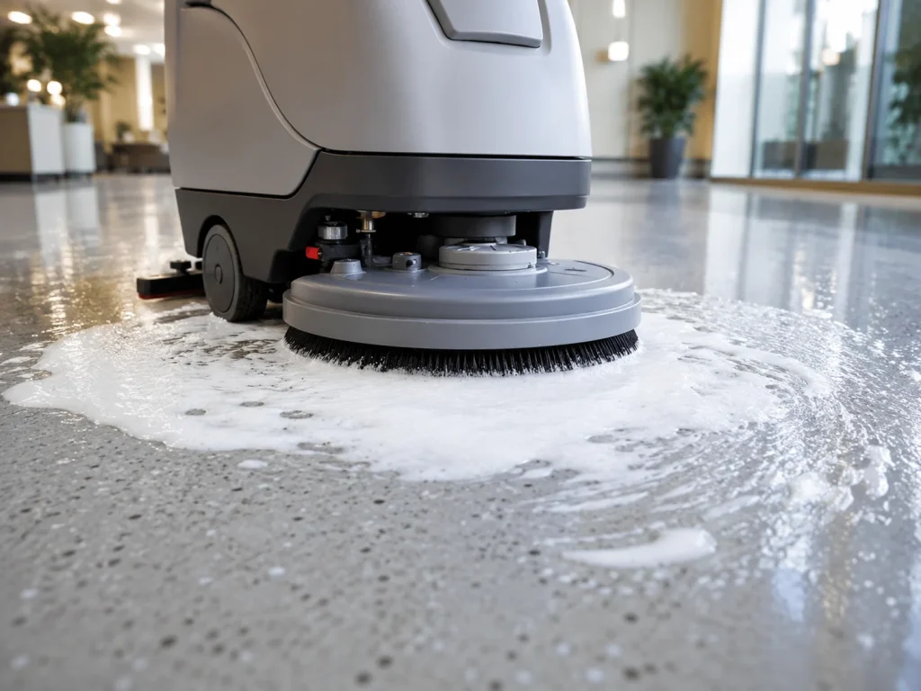 Commercial floor scrubber cleaning a polished floor with detergent and foam in a modern office building.