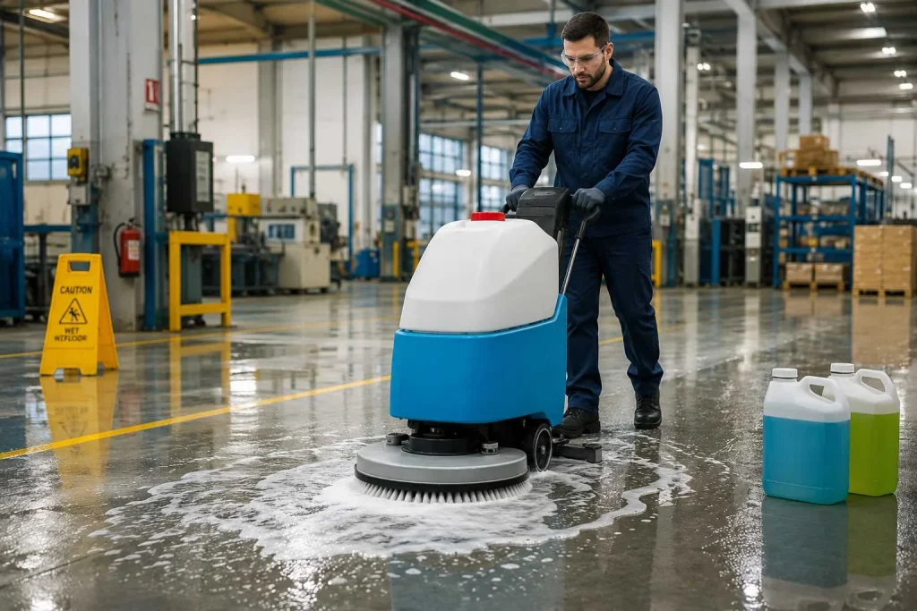 A worker is using a commercial floor scrubber with cleaning detergent to wash an industrial facility floor.