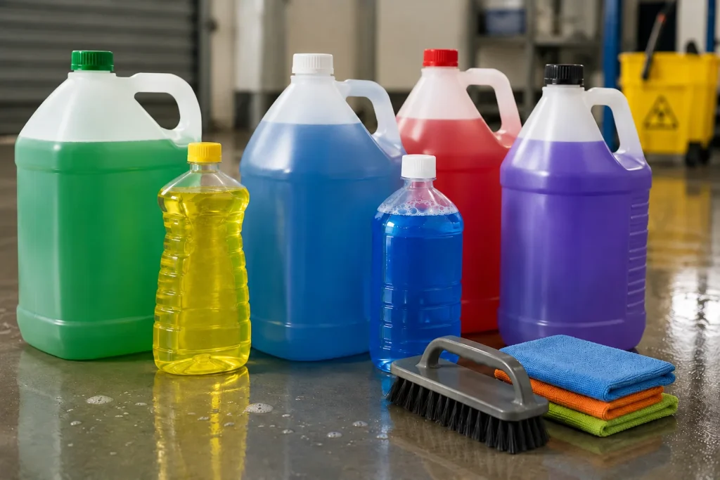 Cleaning detergents, a scrub brush, and microfiber cloths for use with a commercial floor scrubber.