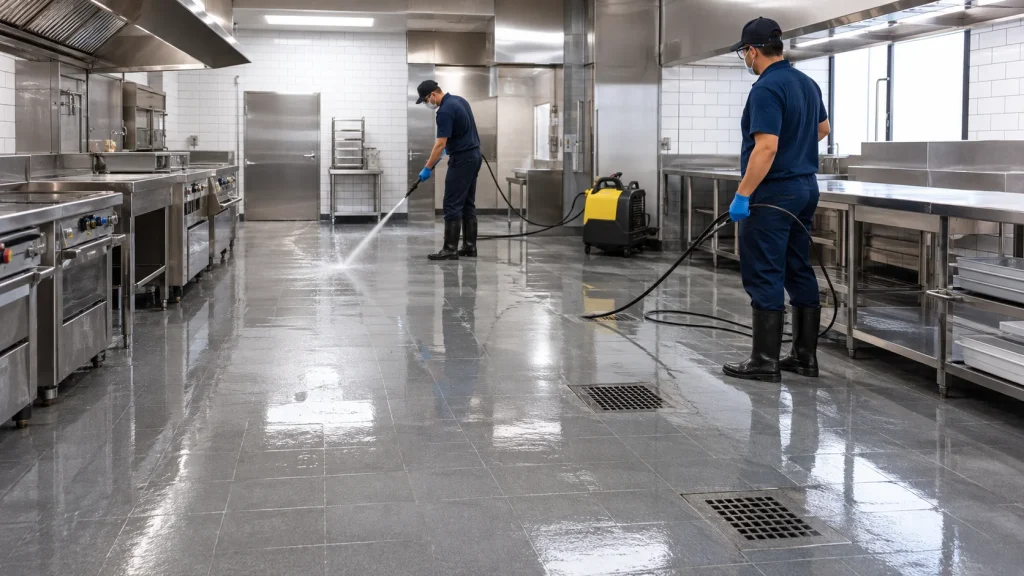 Cleaning crew using a hot water pressure washer on a commercial kitchen floor.