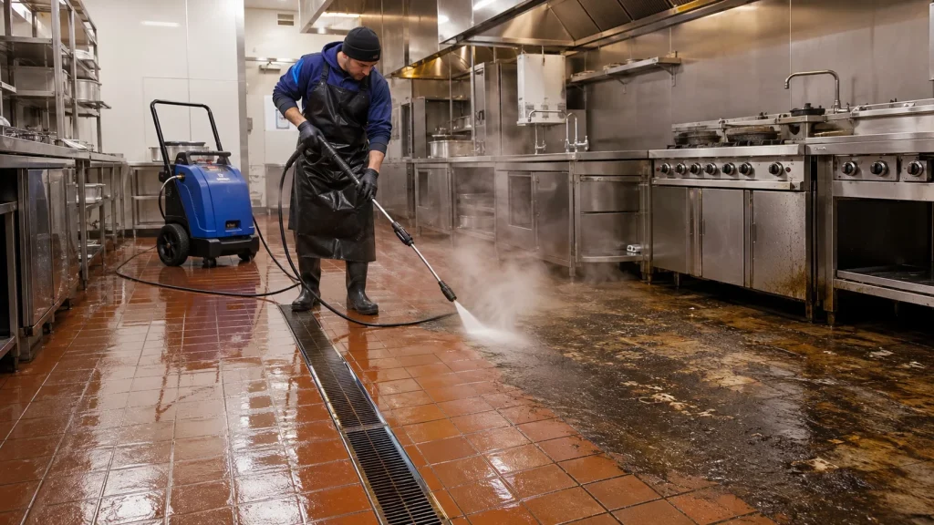 Commercial hot water pressure washer removing grease from a restaurant kitchen floor.
