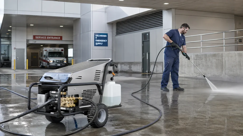 Commercial pressure washer cleaning a hospital service entrance near an ambulance bay.