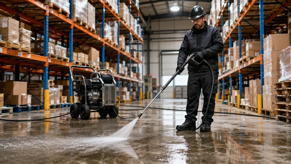 Commercial pressure washer cleaning a warehouse floor with industrial shelving and storage racks in the background.