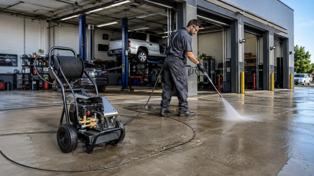Commercial pressure washer cleaning the concrete entrance of an auto repair shop and service center.