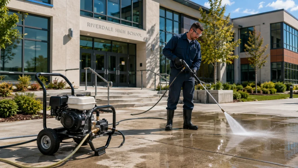 Commercial pressure washer cleaning the entrance and concrete walkway of a modern school facility.