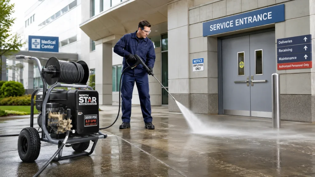 Commercial pressure washer cleaning the service entrance of a modern healthcare facility.