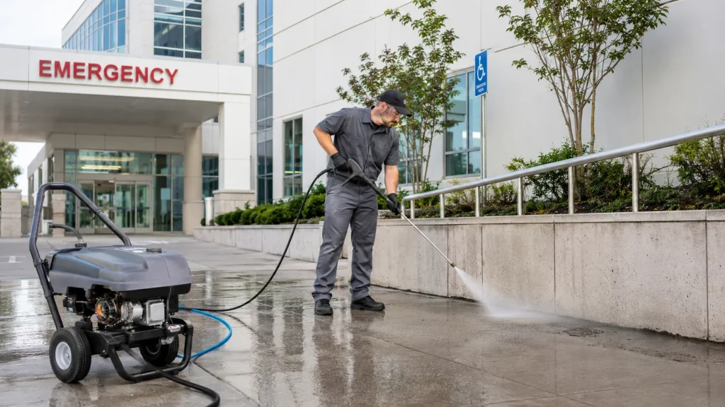 Commercial pressure washer cleaning the walkway outside a hospital emergency entrance.