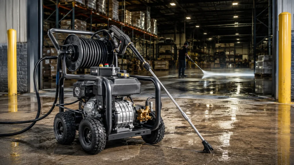 Commercial pressure washer with hose reel and spray wand used for cleaning a wet warehouse floor.