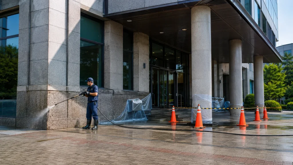 Commercial property maintenance worker using a pressure washer to clean an outdoor walkway.
