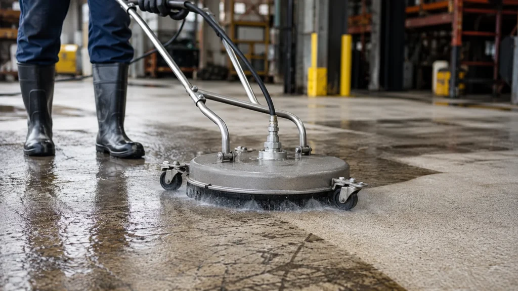 Commercial surface cleaner removing dirt and tire marks from a concrete warehouse floor.