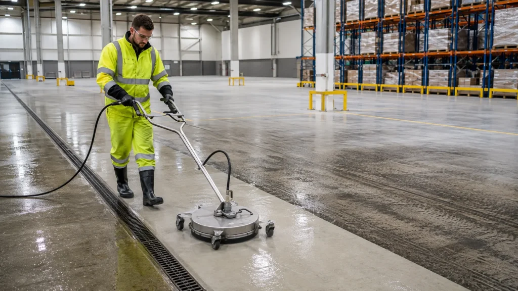 Commercial surface cleaner removing grime from an industrial warehouse concrete floor.
