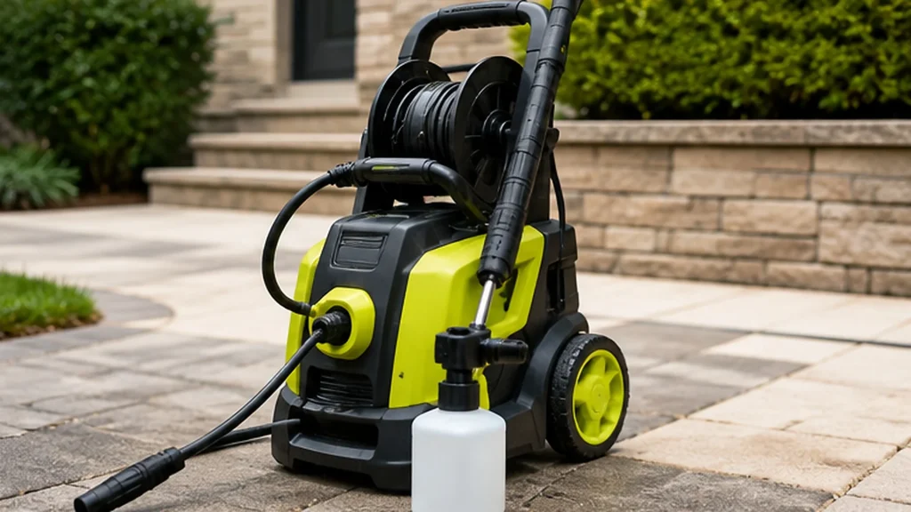 Compact pressure washer size for patio cleaning with hose reel, spray wand, and soap bottle.
