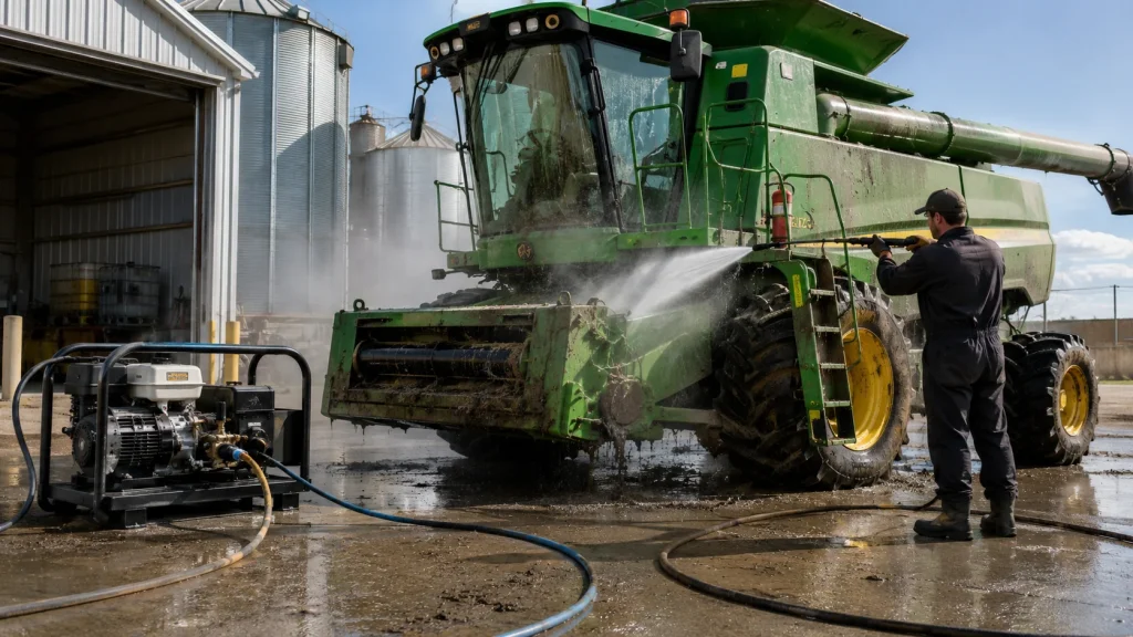 Farm worker using a commercial pressure washer to clean a large combine harvester at an agricultural facility.