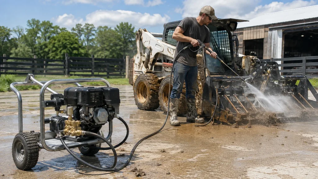 Farm worker using a commercial pressure washer to clean a muddy skid steer loader and attachment.