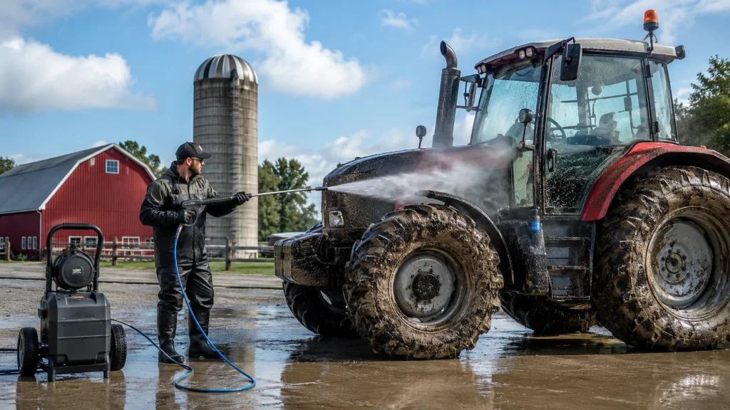 Farm worker using a commercial pressure washer to clean a muddy tractor outside a barn and silo.