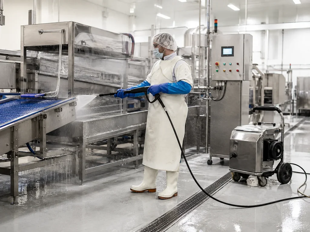 Food processing worker using a commercial pressure washer to sanitize stainless steel conveyor equipment inside a processing facility.