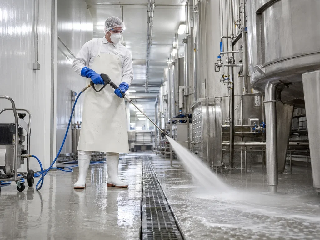 Food processing worker using a commercial pressure washer to sanitize stainless steel equipment and floors.