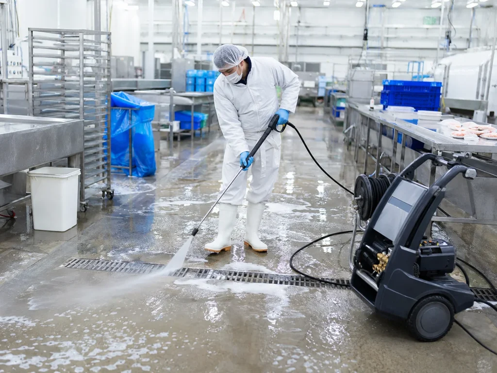 Food processing worker using a commercial pressure washer to sanitize the facility floor and drainage area.