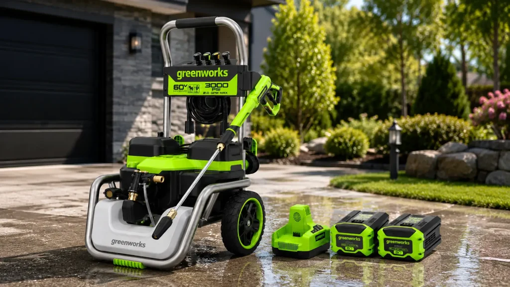 Greenworks pressure washer with a spray wand, charger, and two 60V batteries displayed