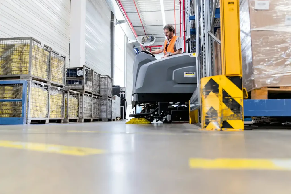 Karcher Floor Scrubber cleaning floor in Warehouse