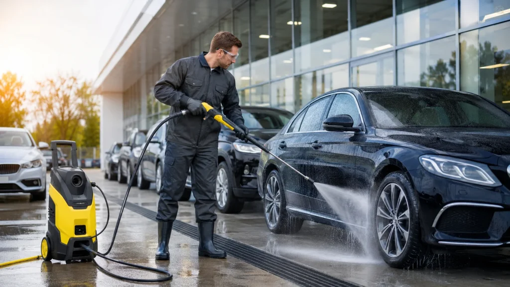 Kärcher pressure washer cleaning a car outside a modern dealership showroom.