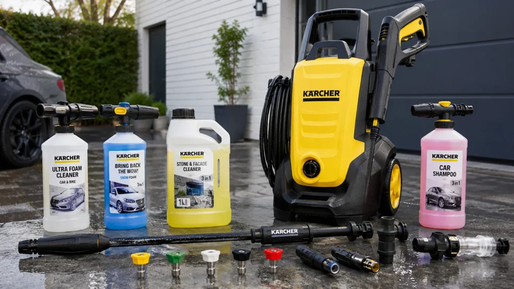 Pressure washer soap dispenser kit with foam cleaners, spray nozzles, wand, and accessories.