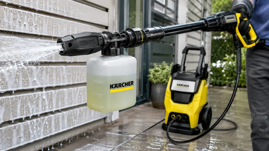 pressure washer soap dispenser spraying foam onto exterior siding during residential cleaning.