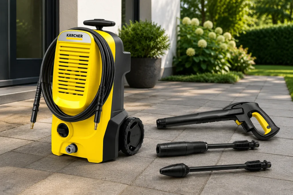 Kärcher pressure washer with hose, spray gun, and two cleaning wands