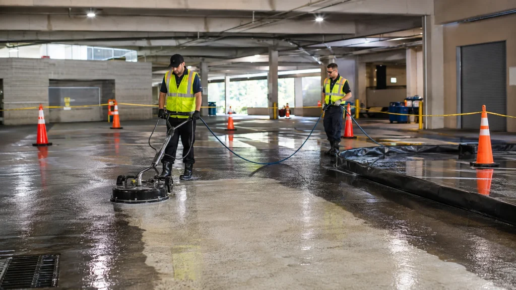 Maintenance crew using commercial pressure washers to clean a parking garage floor.