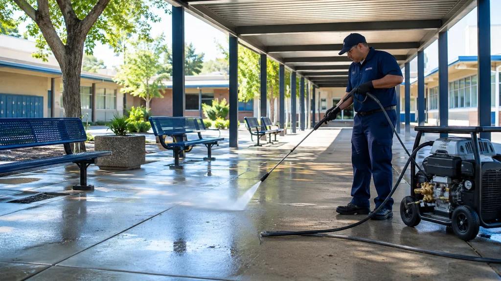 Maintenance worker using a commercial pressure washer to clean a school courtyard walkway.