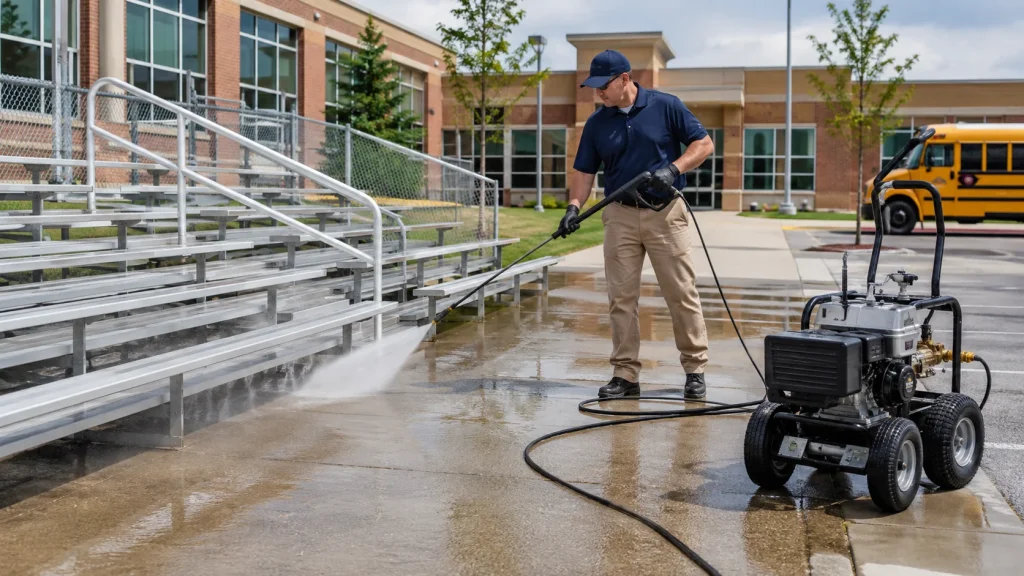Maintenance worker using a commercial pressure washer to clean school bleachers and pavement near a school campus.