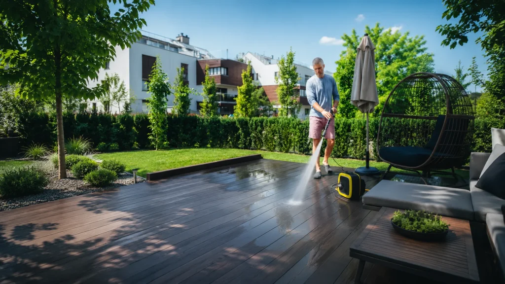 Man using a pressure washer to clean a large wooden patio in a landscaped residential garden.