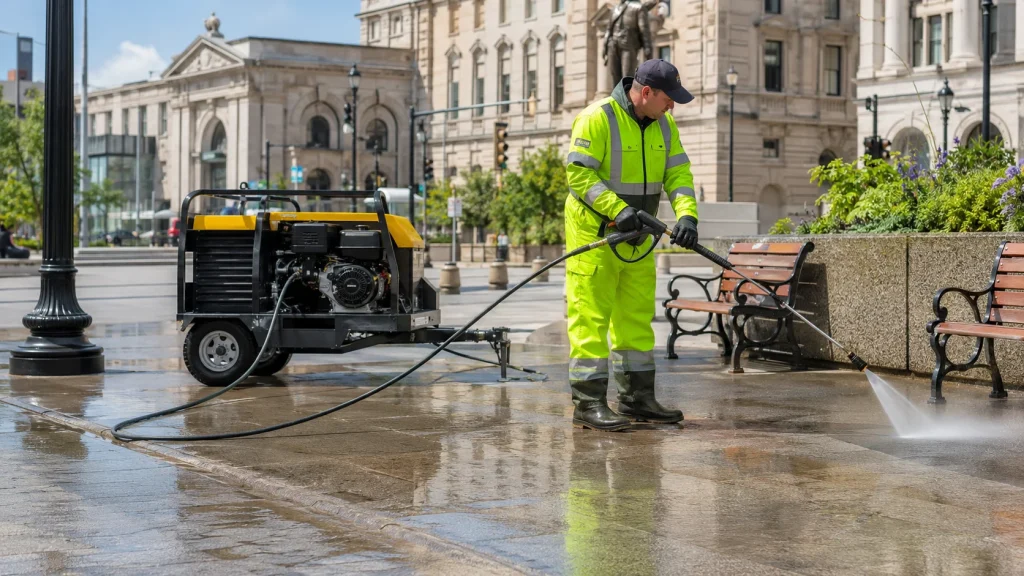 Municipal employee using a commercial pressure washer to clean a public transit and civic area.
