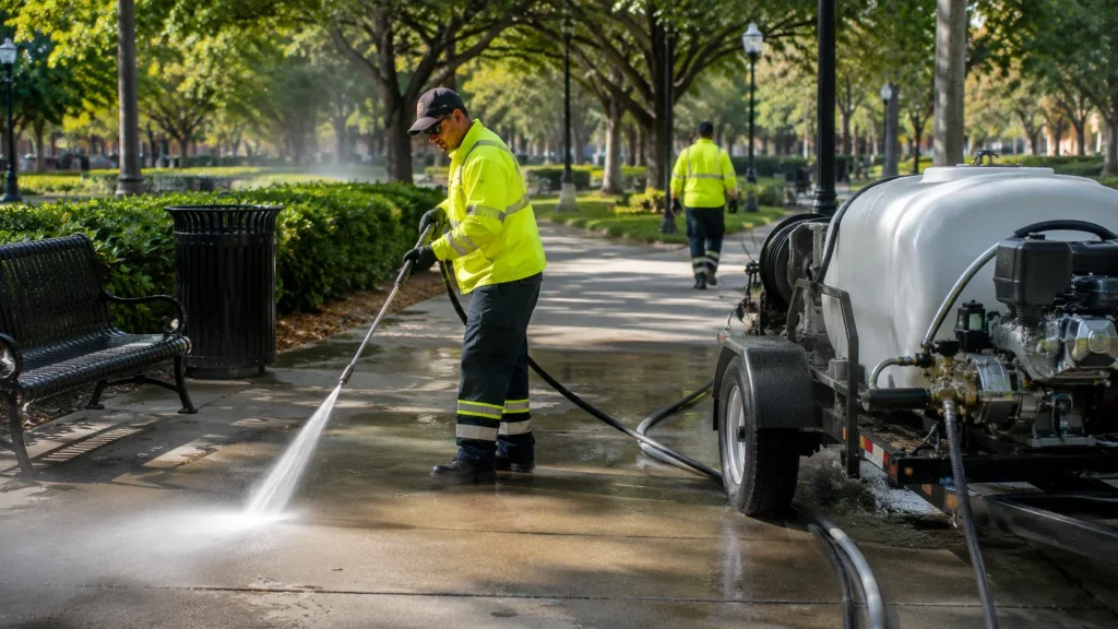 Municipal worker using a commercial pressure washer to clean a public park walkway beside benches and landscaping.