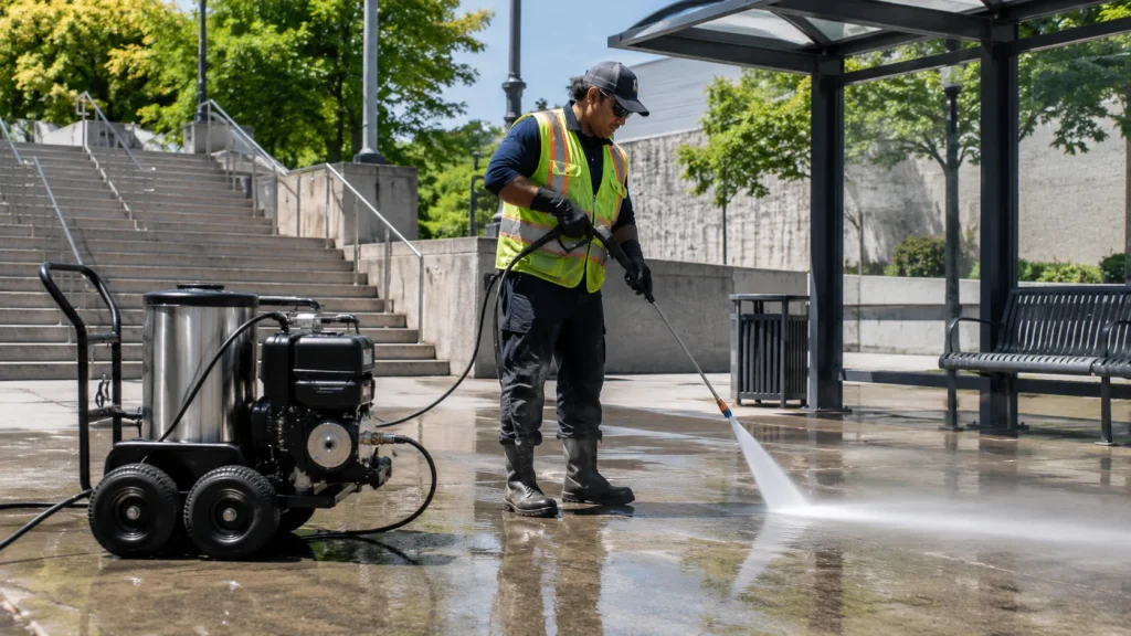Municipal worker using a commercial pressure washer to clean a public transit area near benches and outdoor steps.