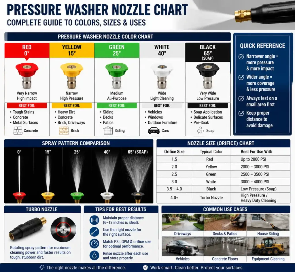 Pressure Washer Nozzle Chart explaining nozzle sizes color and their use for different industries