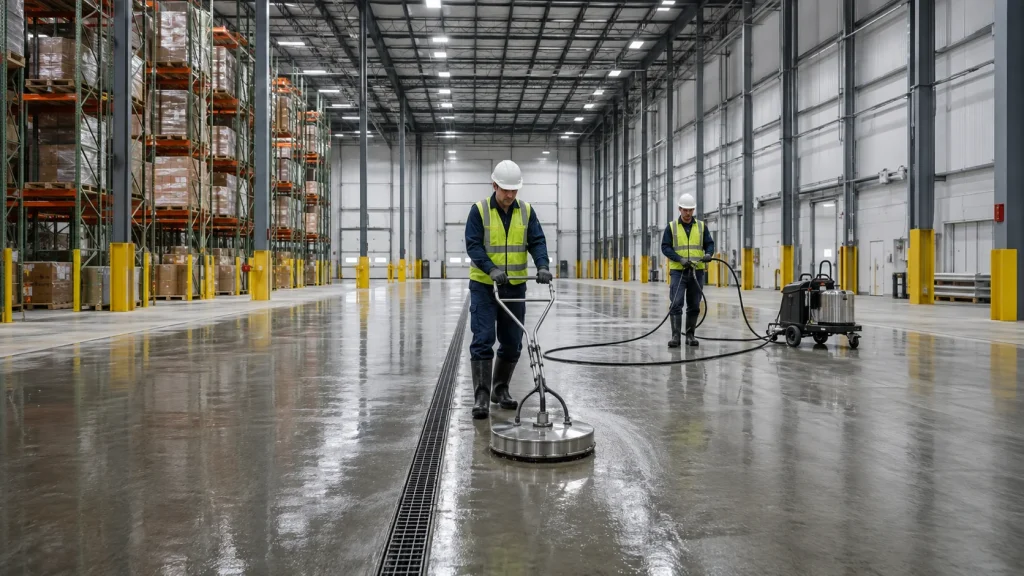 Professional cleaning team using commercial surface-cleaning equipment on a concrete warehouse floor.