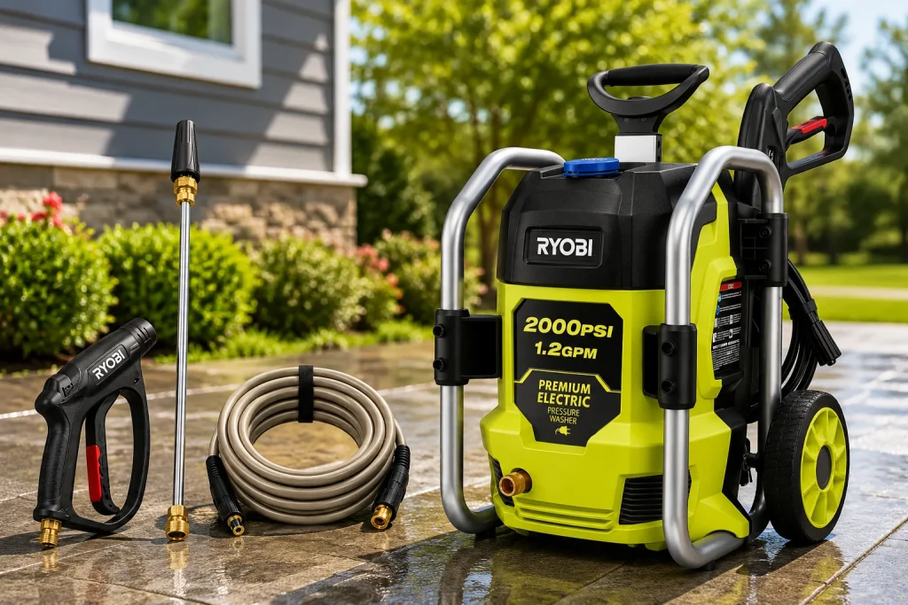 Ryobi pressure washer displayed on a wet patio with spray gun, hose, and wand in a clean residential outdoor