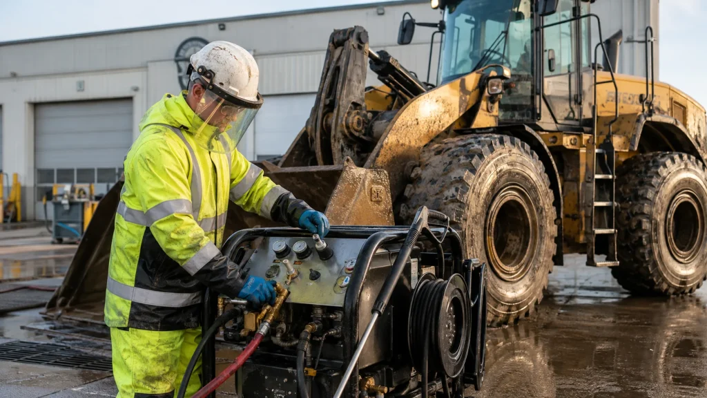 Technician choosing the right PSI and GPM for heavy-duty construction equipment cleaning.