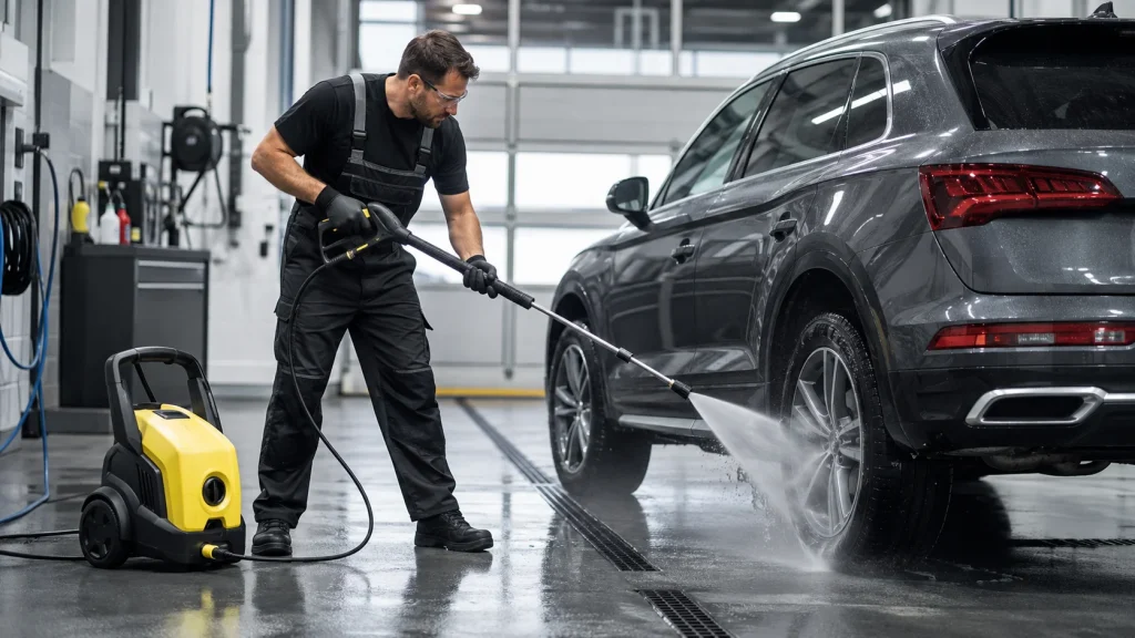 Technician using a Kärcher pressure washer to clean an SUV in a dealership service bay.