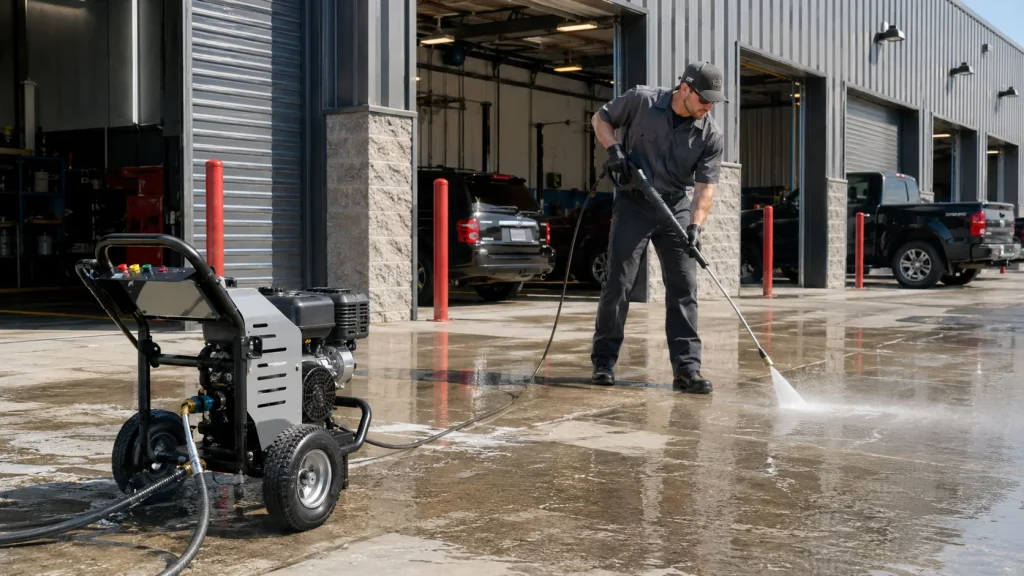 Commercial pressure washer in use outside an automotive service center with open repair bays and wet concrete flooring.