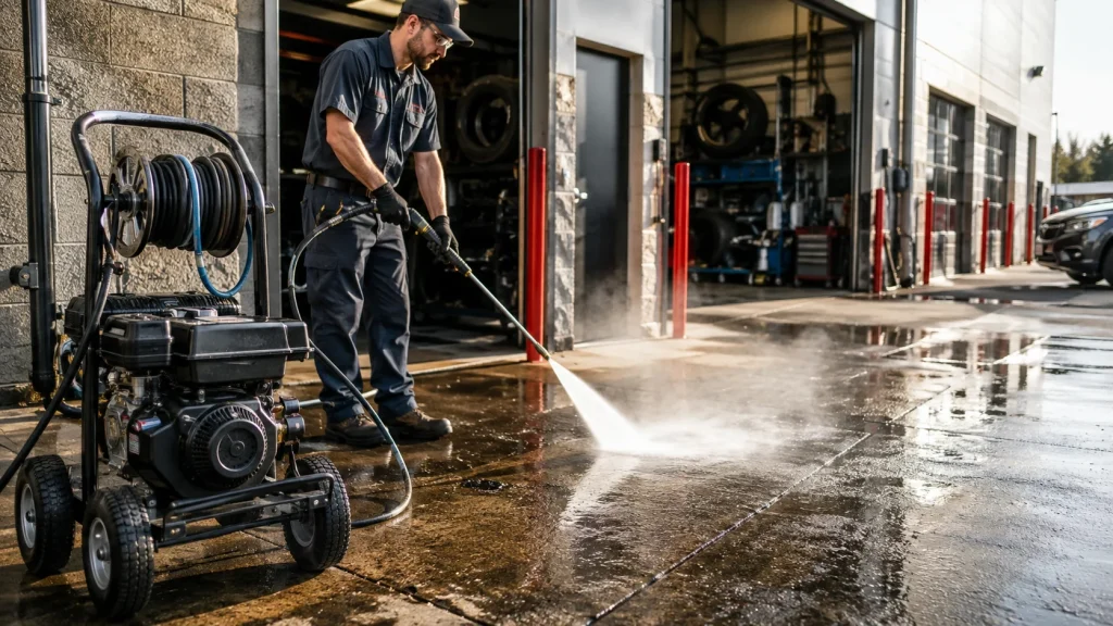Technician using a commercial pressure washer to clean wet pavement outside an auto repair shop and service bays.