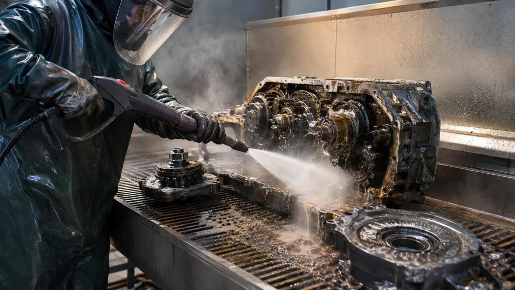 Technician using a hot water pressure washer to remove grease from industrial gearbox components.