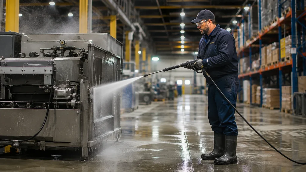 Warehouse worker using a commercial pressure washer to clean industrial machinery inside a large warehouse.