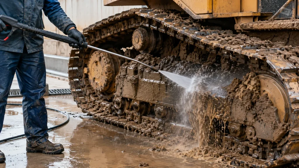 Worker choosing the right PSI and GPM for heavy-duty construction equipment cleaning.